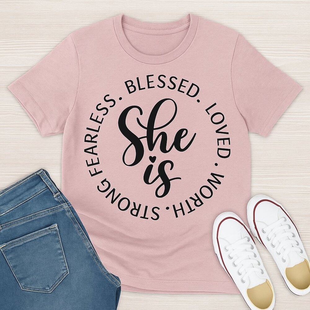 ✨ She Is Blessed Loved Worthy Strong Fearless – Women’s Empowerment Shirt